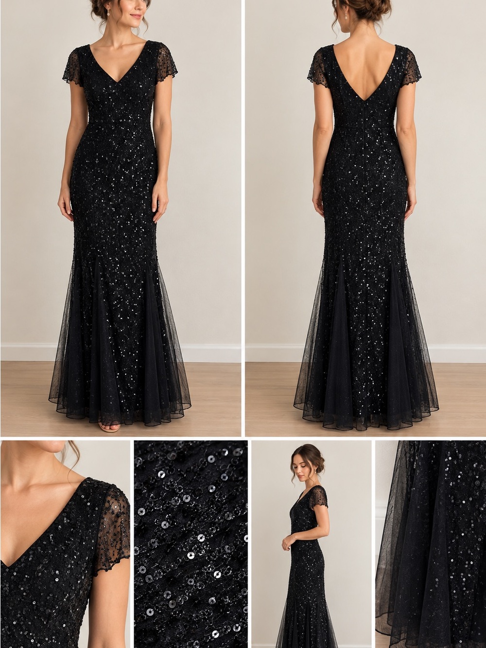Black Sequin V-Neck Maxi Dress with Tulle Mermaid Skirt